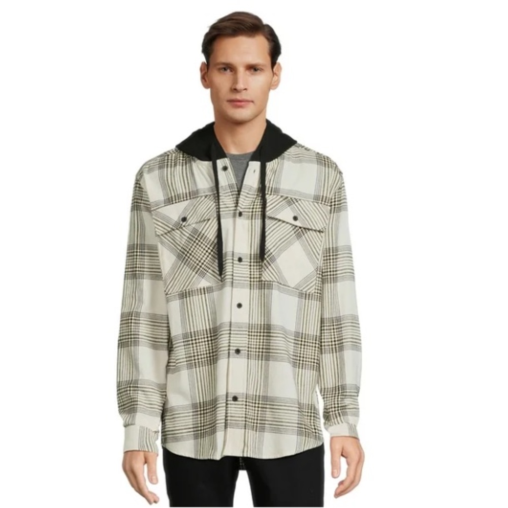 No Boundaries Oversized Fit Flannel Hoodie; Off-White/Cream & Black Plaid